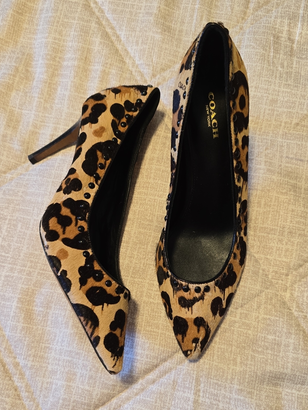 COACH Leopard Print Pointed Toe Stiletto Pumps - Tan/Black